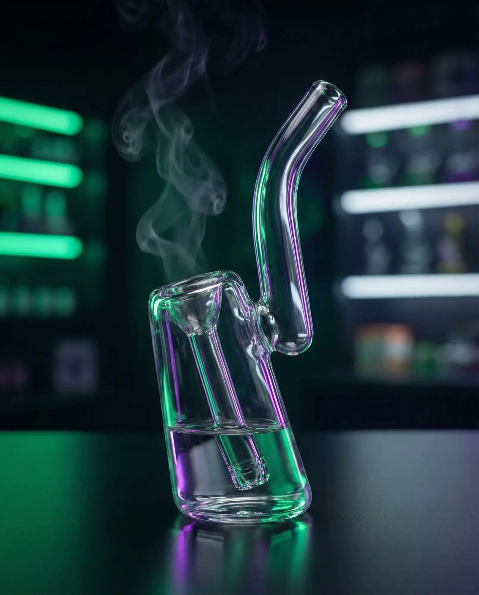 Clear glass bong with a curved mouthpiece and visible internal tubes, emitting smoke against a dark background illuminated by green neon lights.