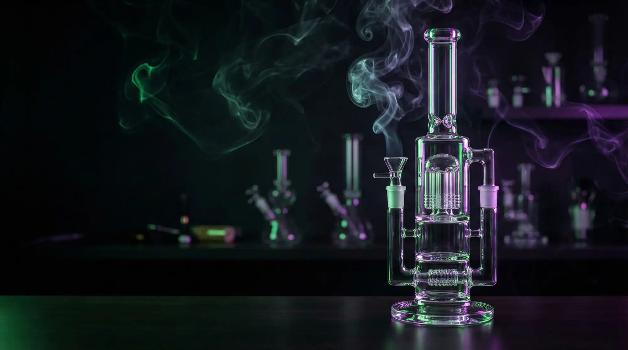 Clear glass bong with a cylindrical body, multiple chambers and tubes, featuring a wide base for stability.