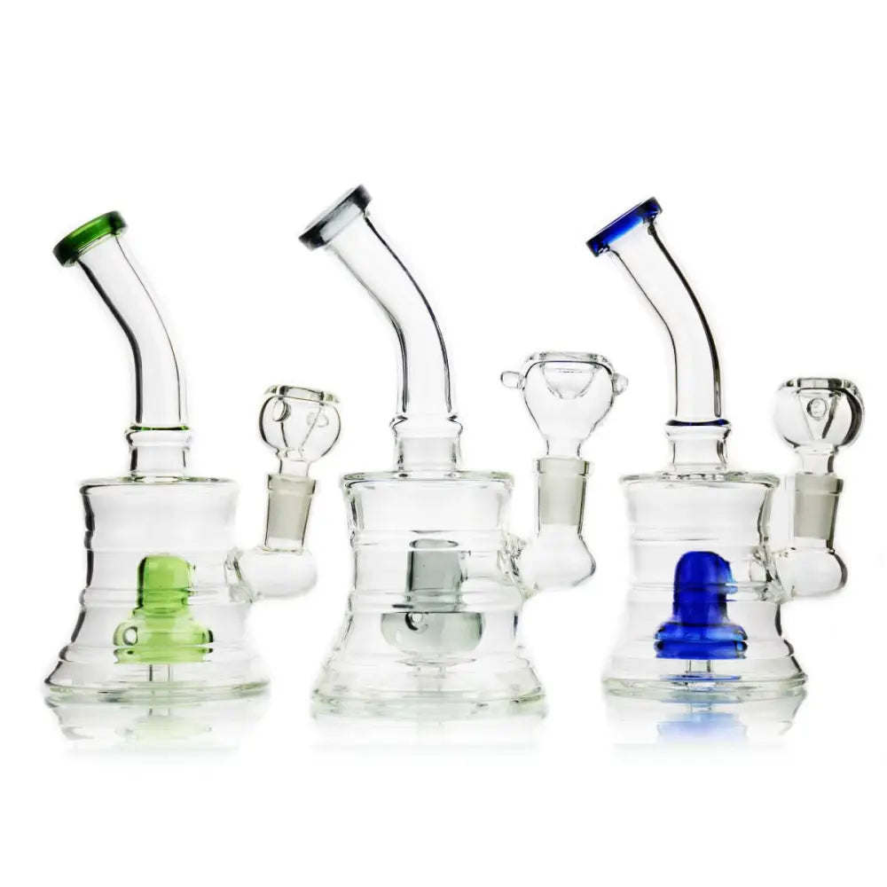 Three glass bongs featuring shower perc and 14mm bowl in Compact 6 Drum Lines Bong