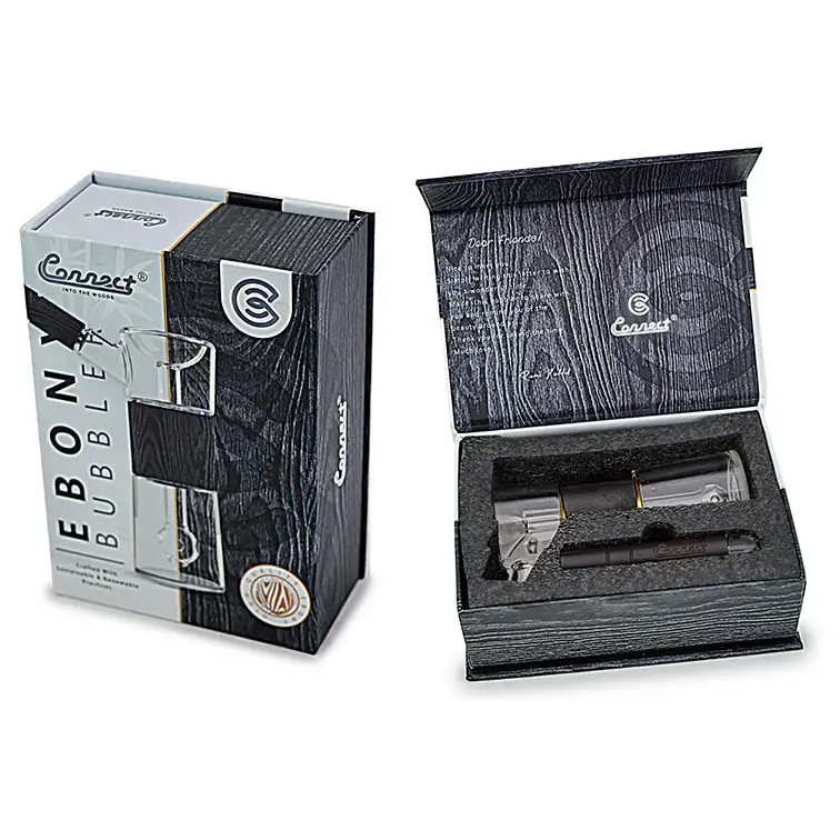 Ebony bubble pipe set in packaging from Connect Wood Collection with hand-blown glass