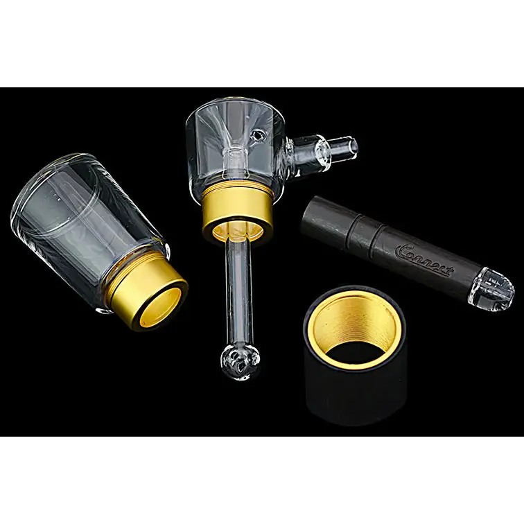 Disassembled Connect Wood Collection hand-blown glass and metal smoking device