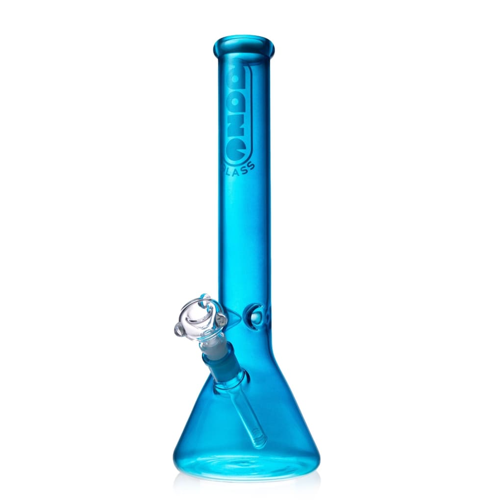Blue glass water pipe with conical base and Daze Glass logo in metallic blue paintjob