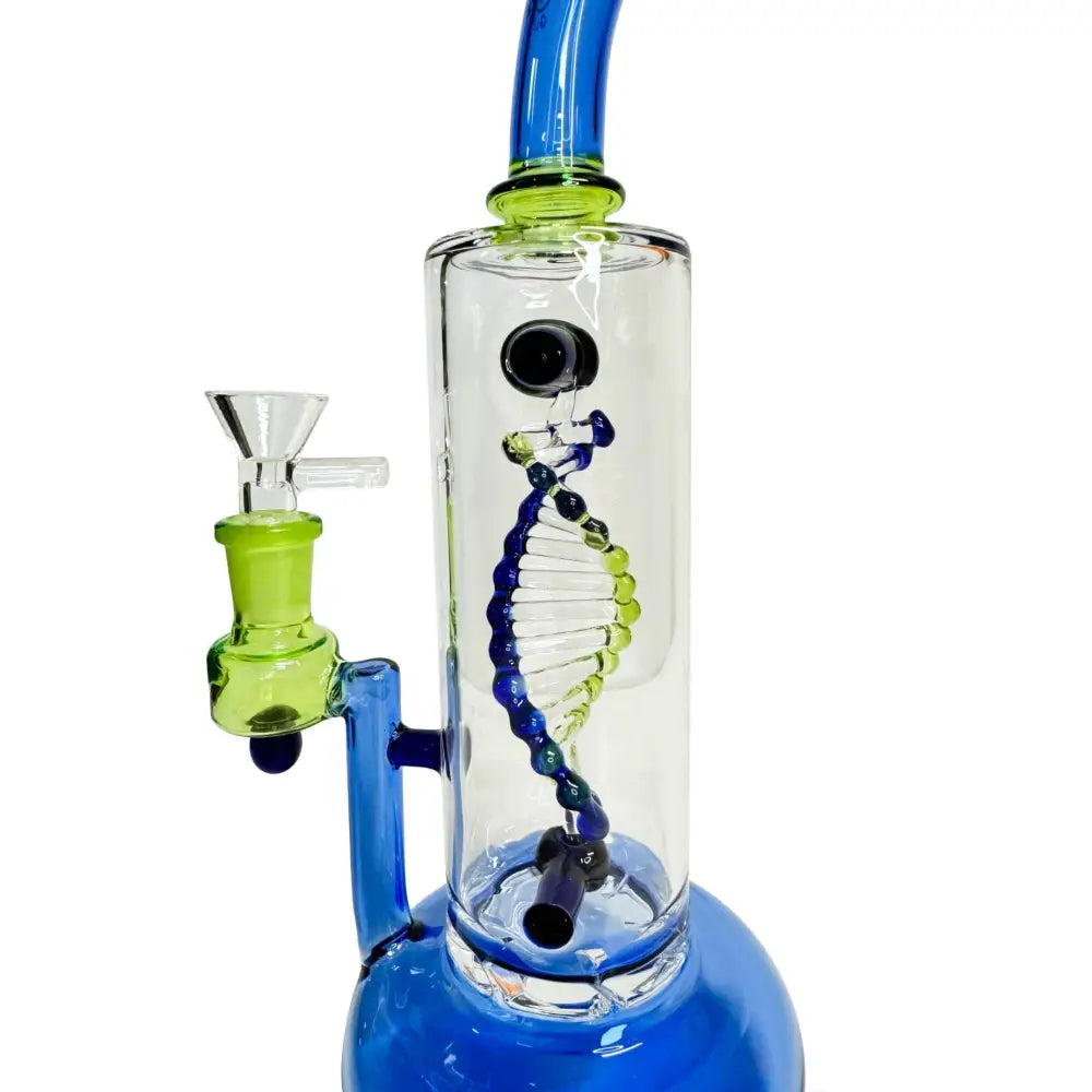 Blue and green glass bong with DNA helix showcasing Daze Glass turbine perc water pipe