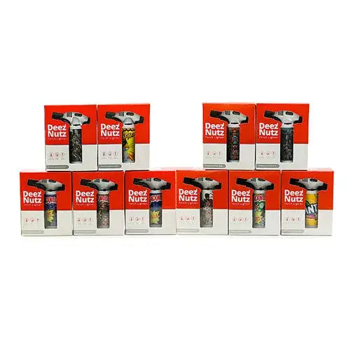 Red and white Deez Nutz Torches with colorful flame bodies