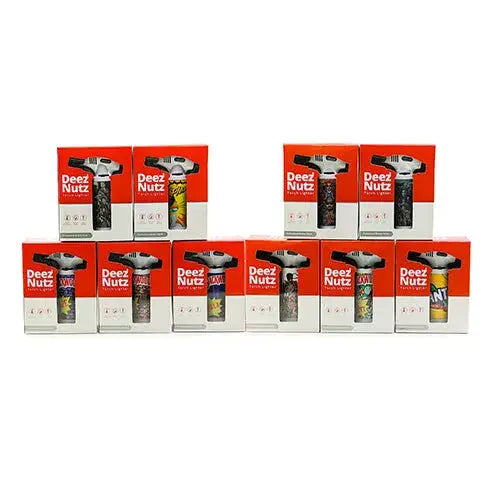 Red and white Deez Nutz Torches in boxes with black, silver designs