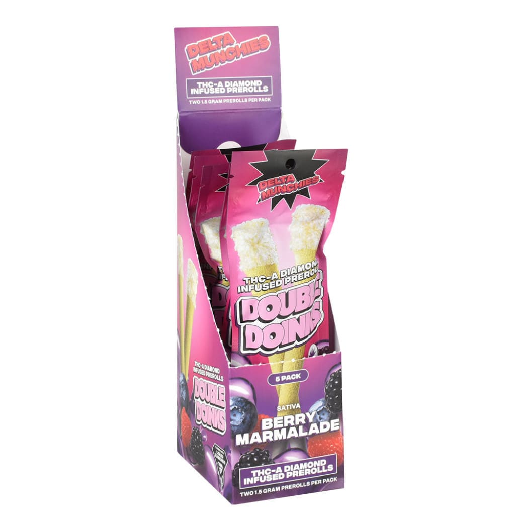 Display box of Delta Munchies Double Doink THC-A berry marmalade cannabis pre-rolls