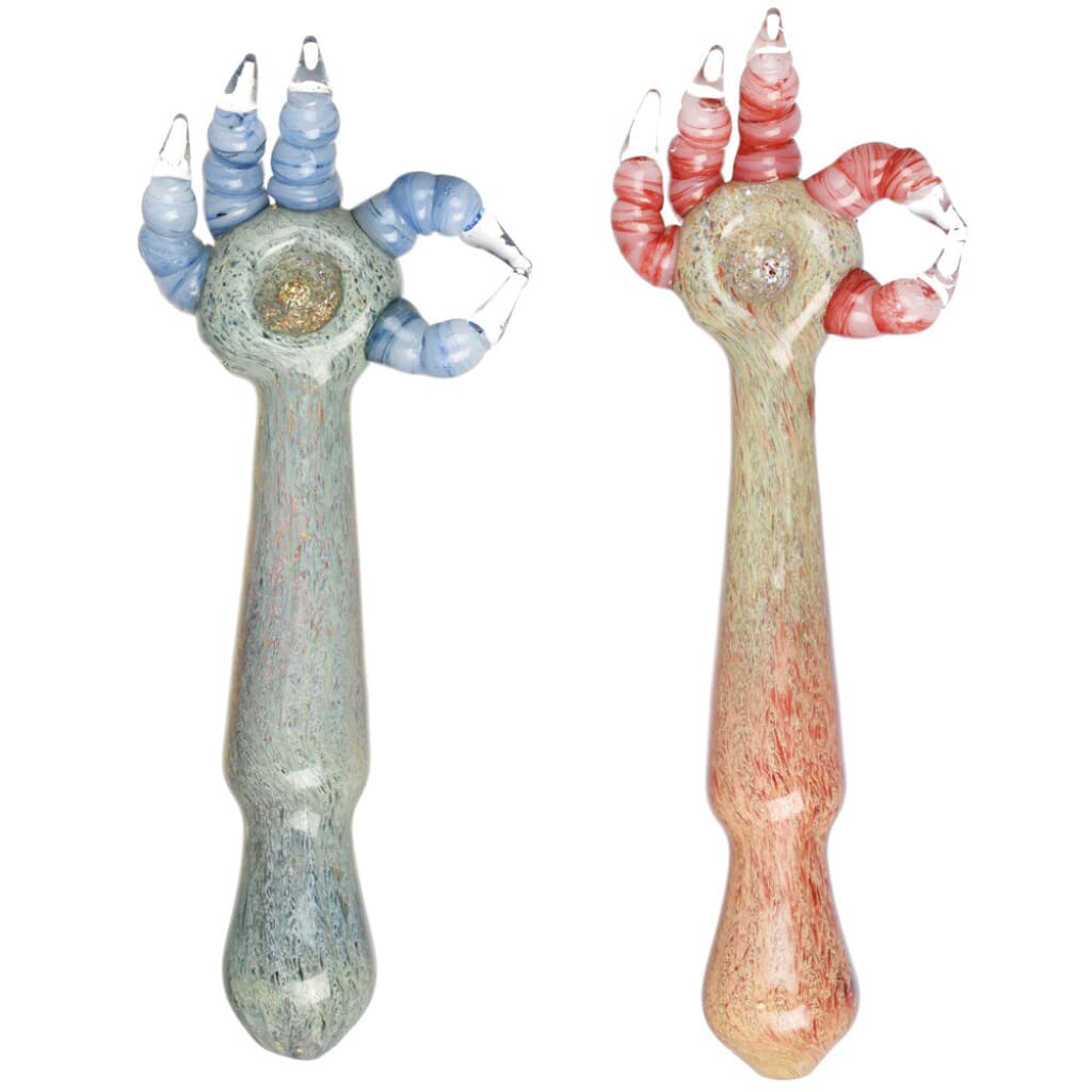 Devil hand spoon pipe in durable borosilicate glass with colorful swirls