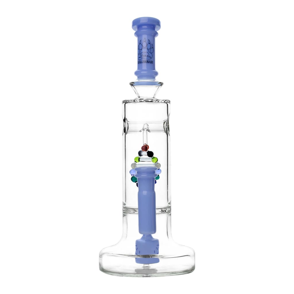 Clear glass DNA Dab Rig with blue accents and unique DNA shaped perc design