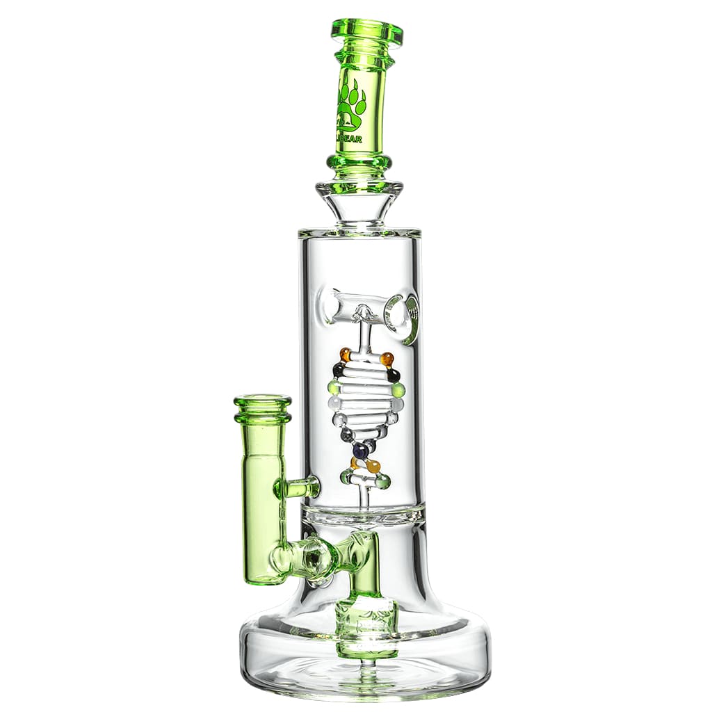 Glass water pipe with green accents and percolator, featuring DNA shaped perc for smooth hits