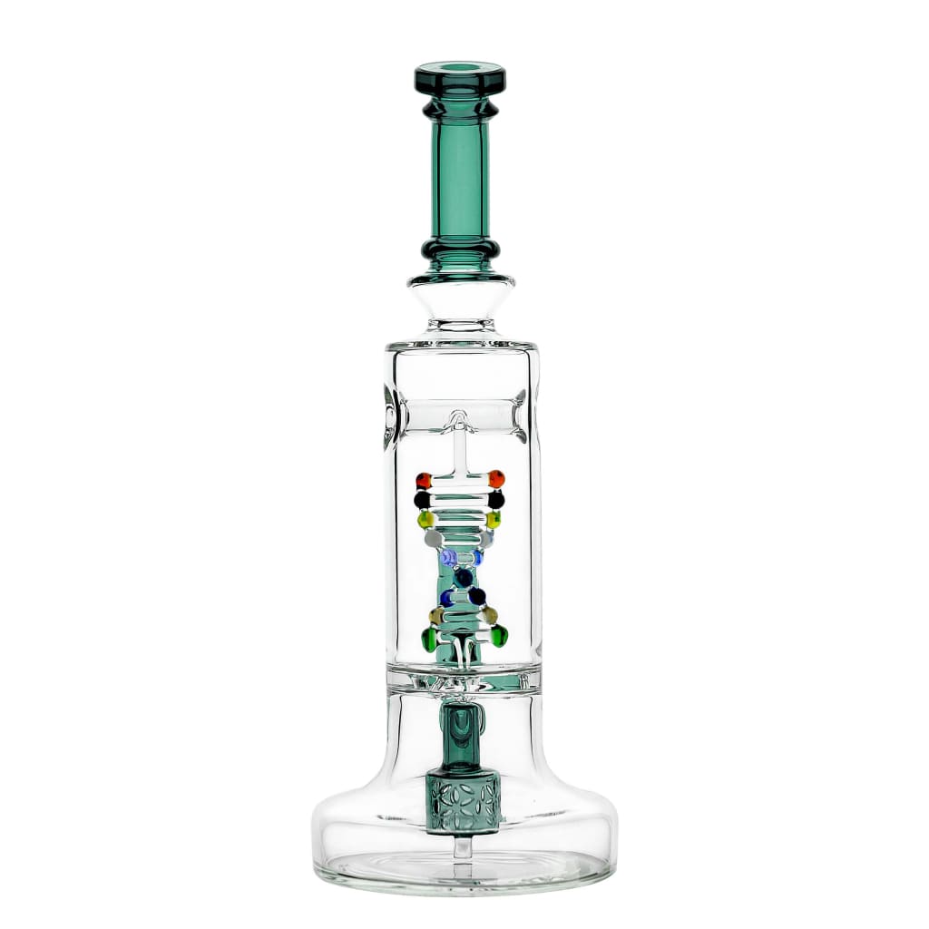 Glass water pipe with teal accents featuring a DNA shaped perc for smooth dabbing
