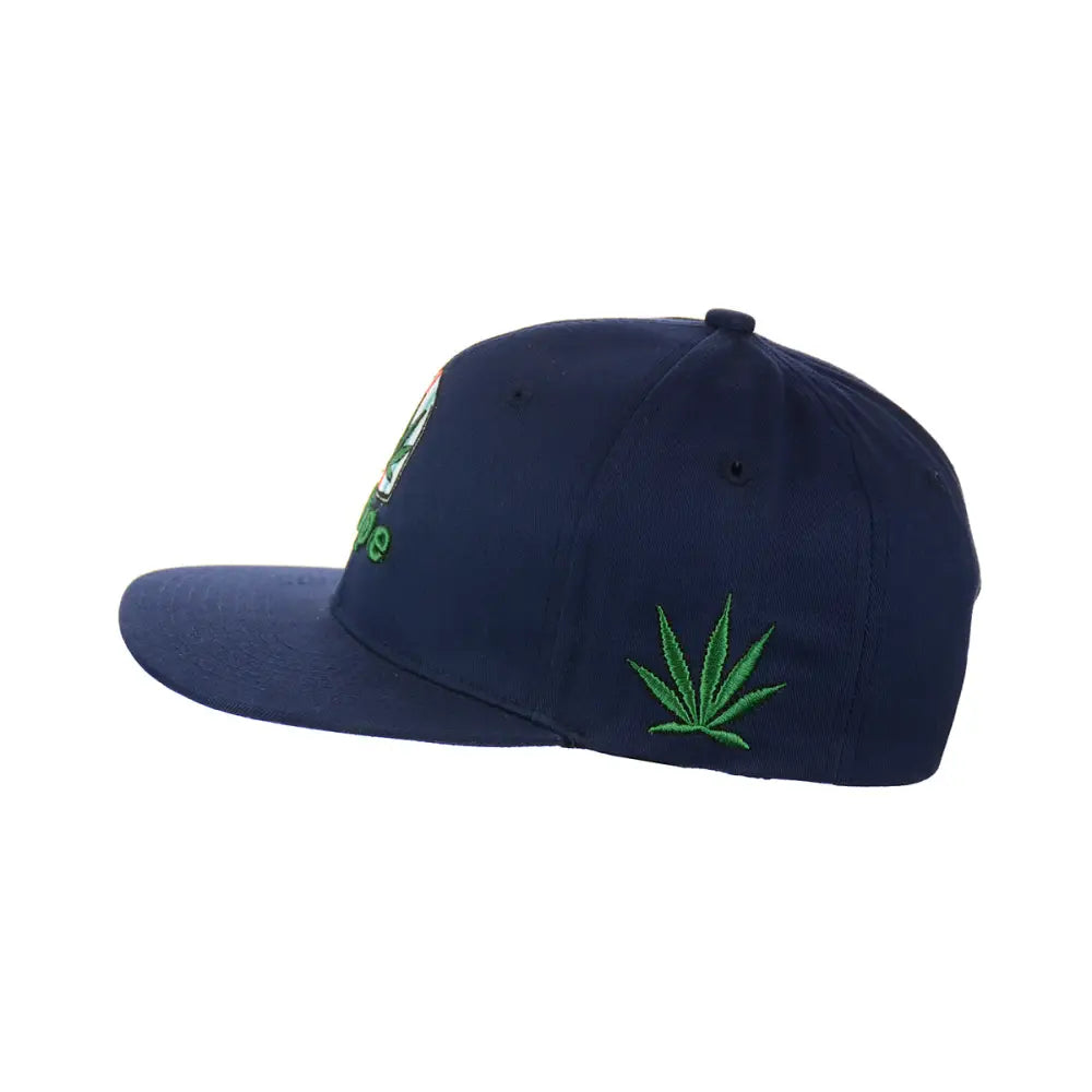 Navy blue dope leaf embroidered snapback hat with green cannabis leaf design