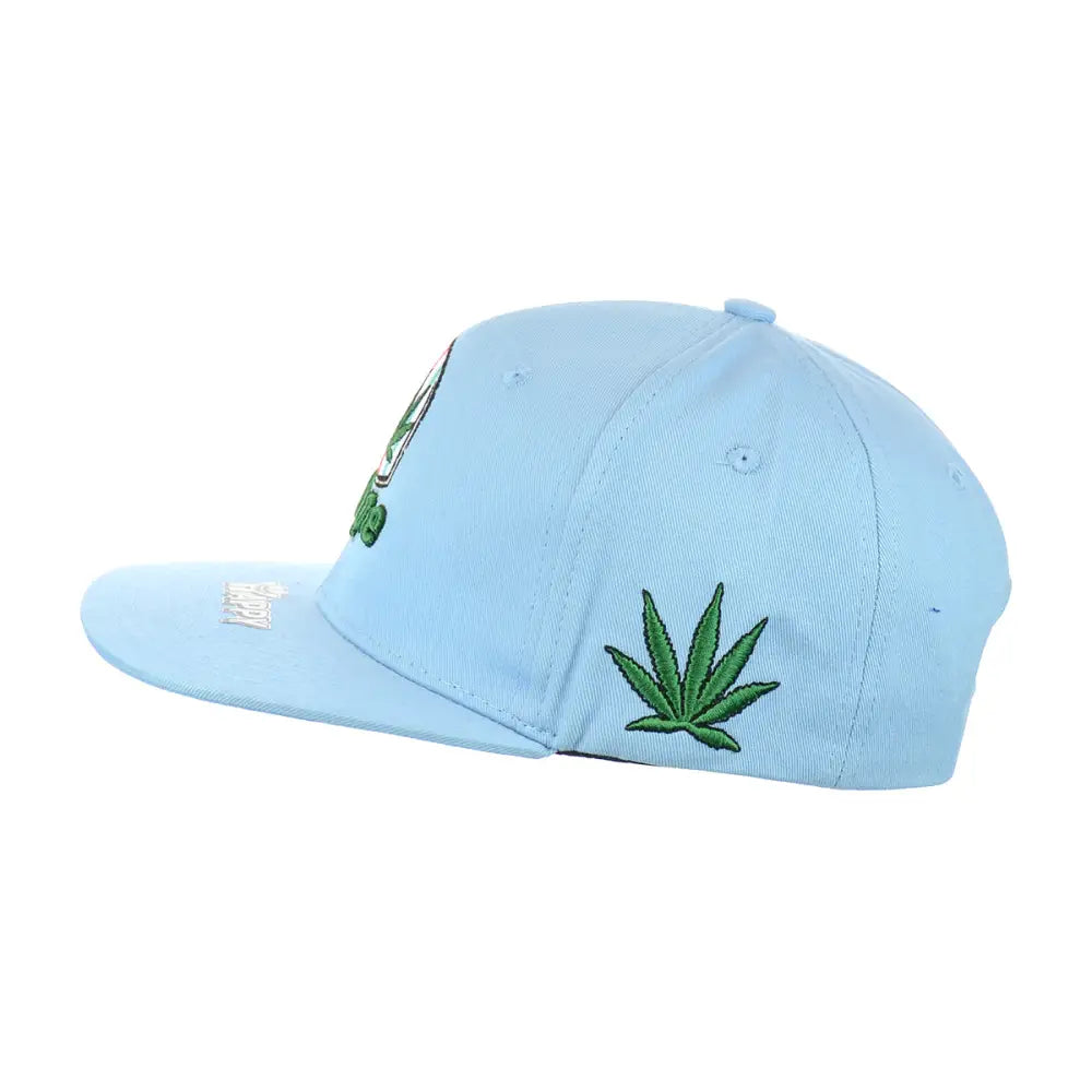 Light blue dope leaf embroidered snapback hat with marijuana leaf design