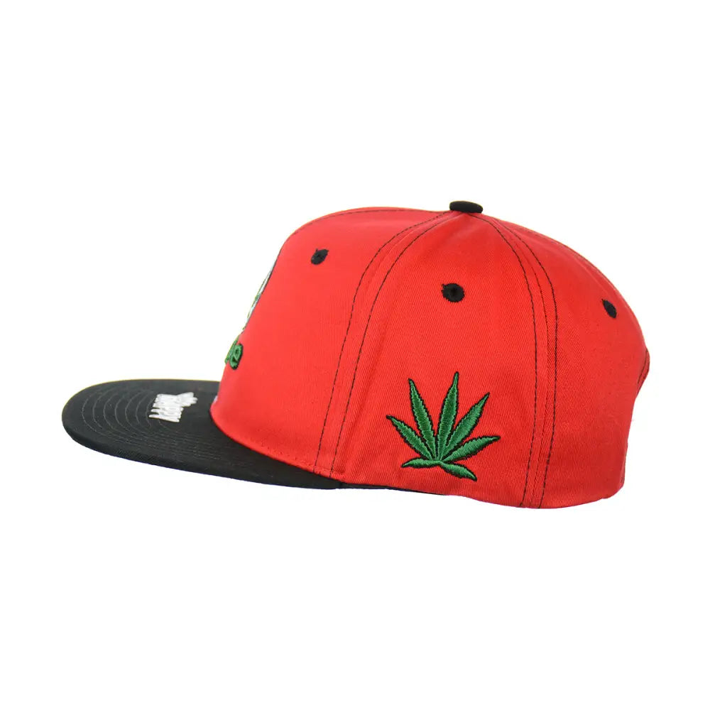 Red and black Dope Leaf Embroidered Snapback Hat with a marijuana leaf design