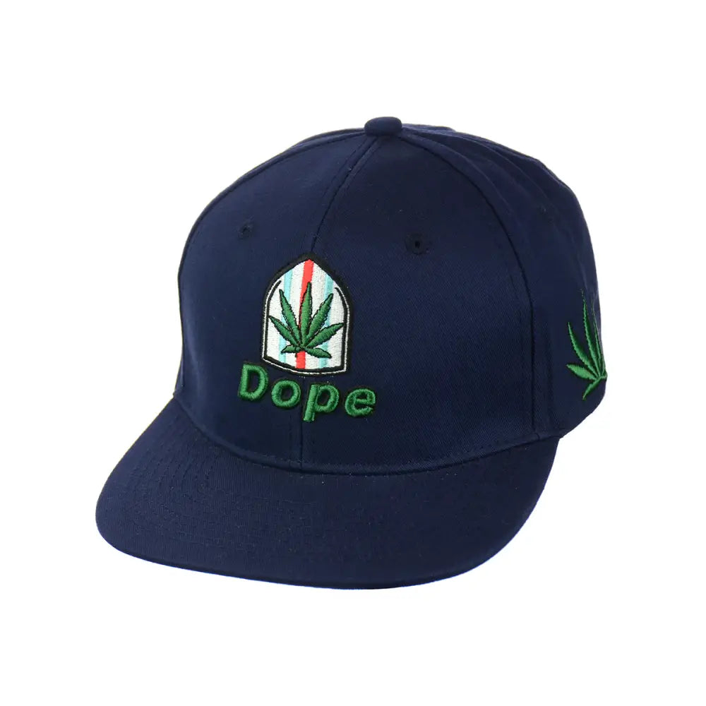 Navy blue Dope Leaf Embroidered Snapback Hat with marijuana leaf designs in cotton