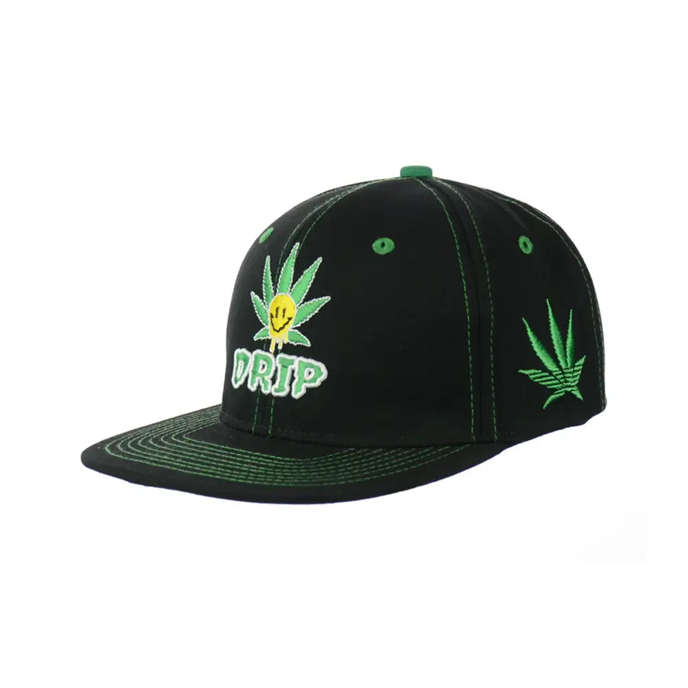 Black drip leaf embroidered snapback hat with marijuana leaf designs in 100% Cotton
