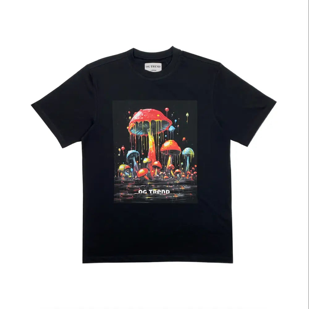 Black drippy mushroom half sleeve T-shirt with colorful mushroom graphic for casual style