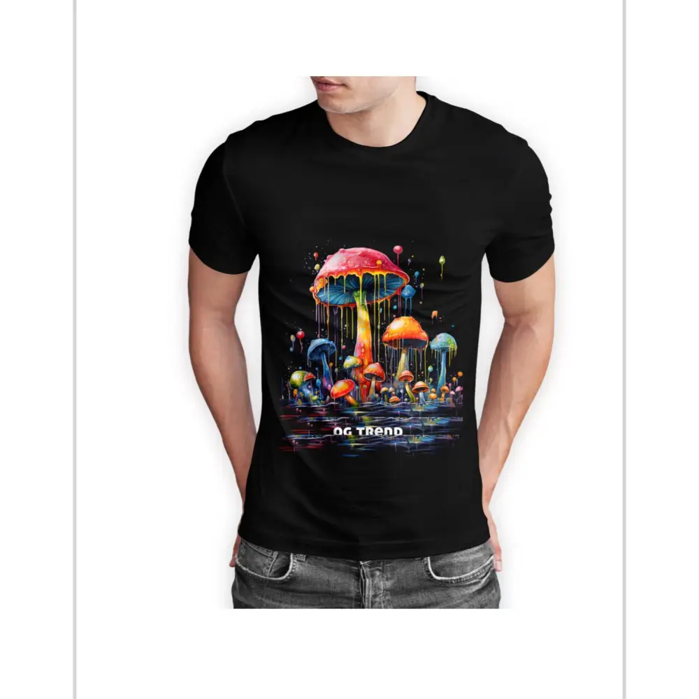 Black Drippy Mushroom Half Sleeve T-shirt with colorful mushroom design in cotton blend