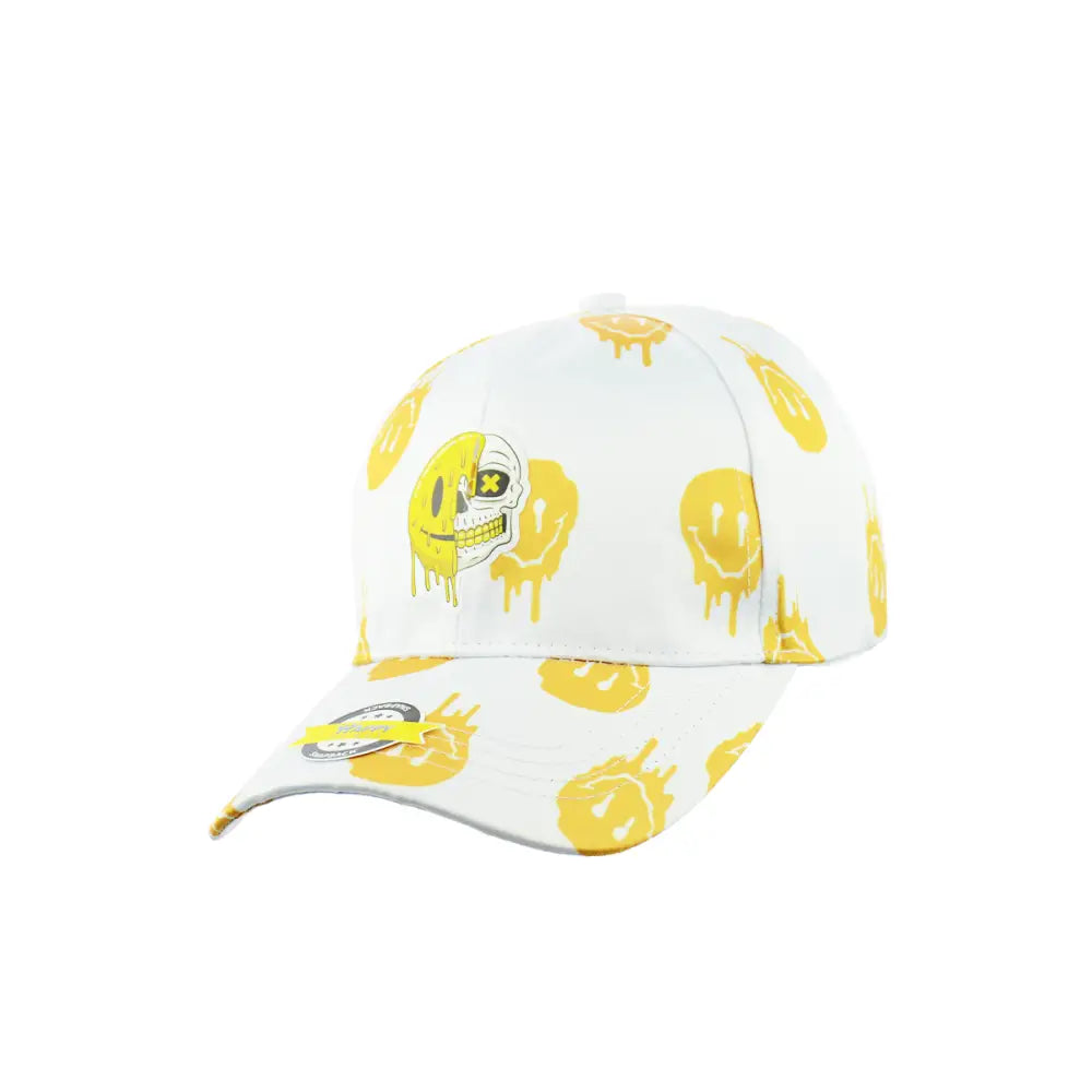 White Drippy Smile Baseball Hat Snapback with Yellow Melting Smiley Faces for Style