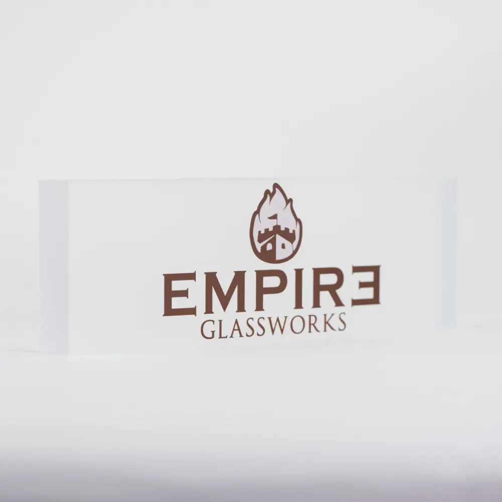 Empire acrylic plaque showcase display with brown logo and castle emblem