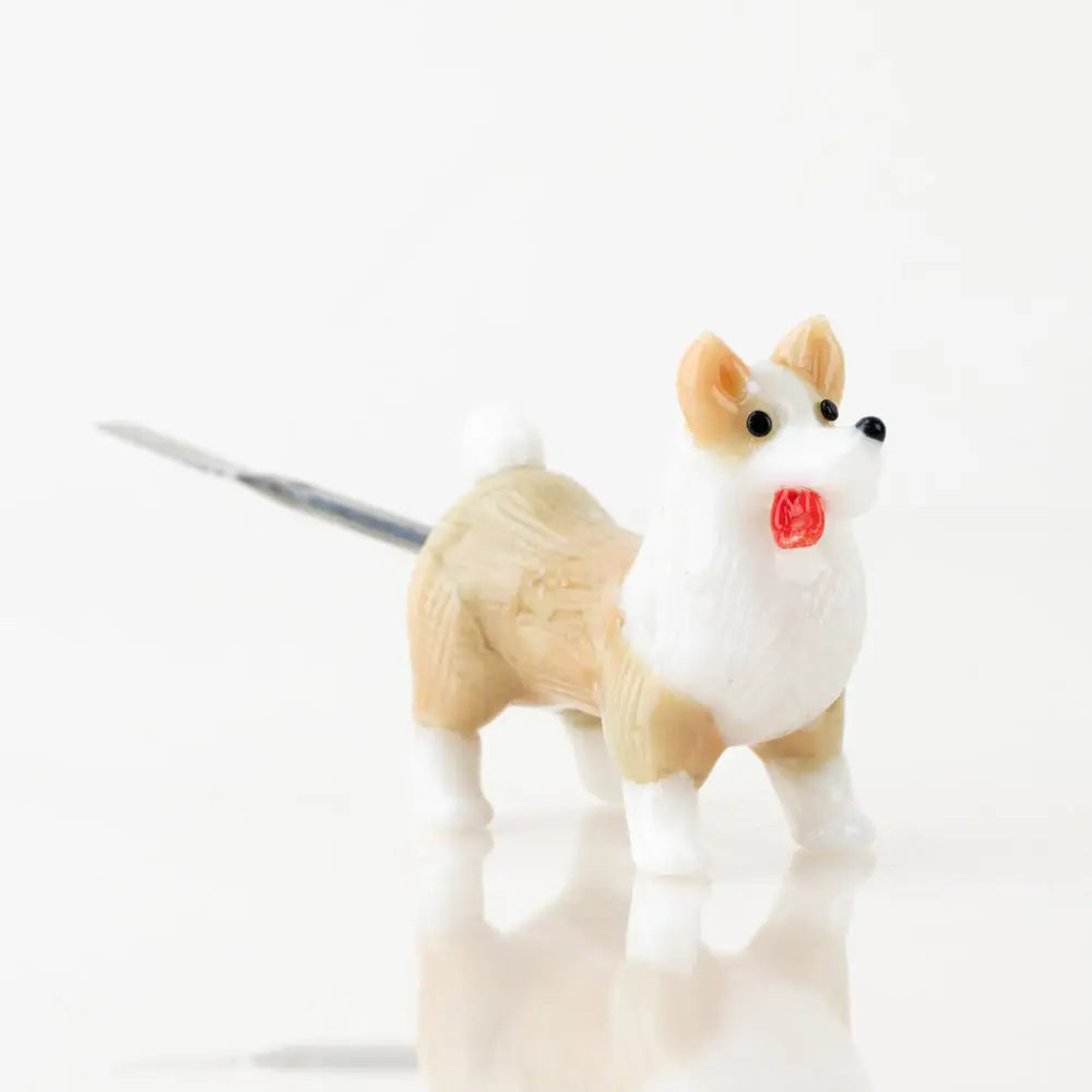 Tan and white Empire Glassworks corgi dab tool figurine