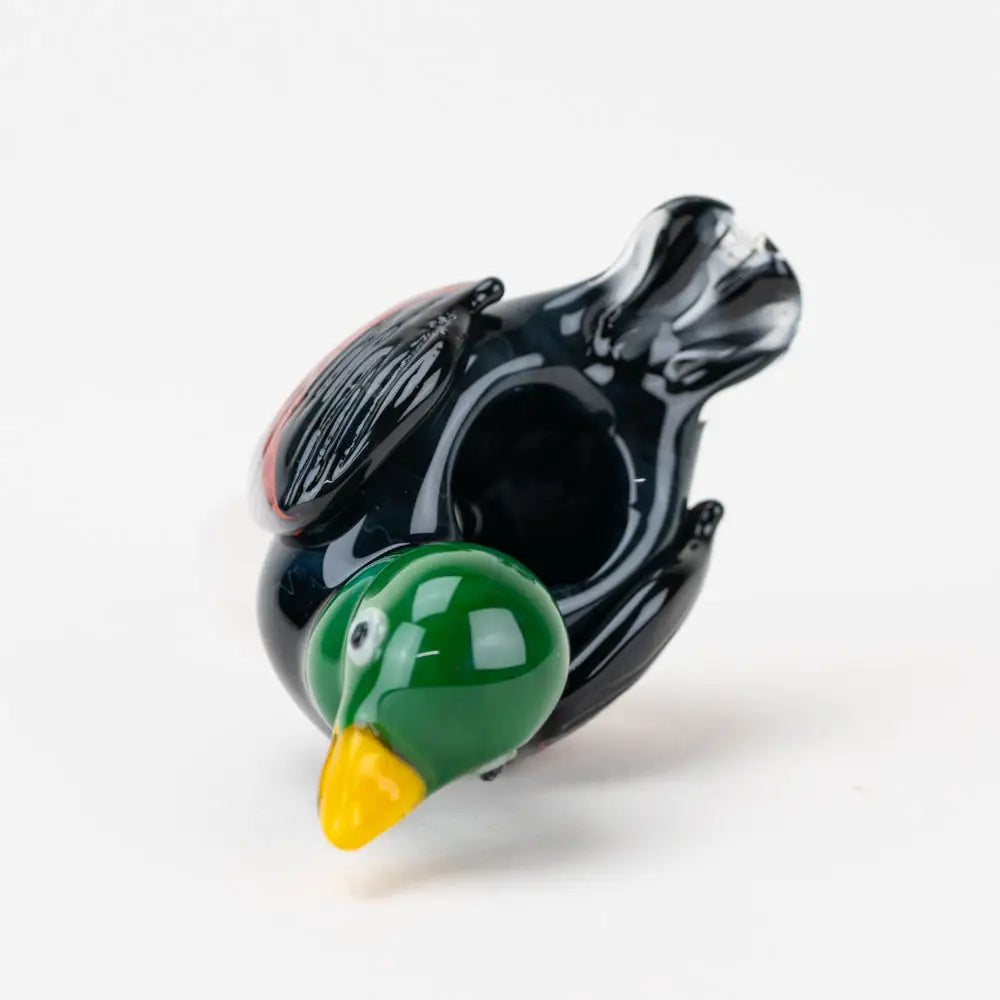 Empire Glassworks glossy black glass duck bowl piece with green head