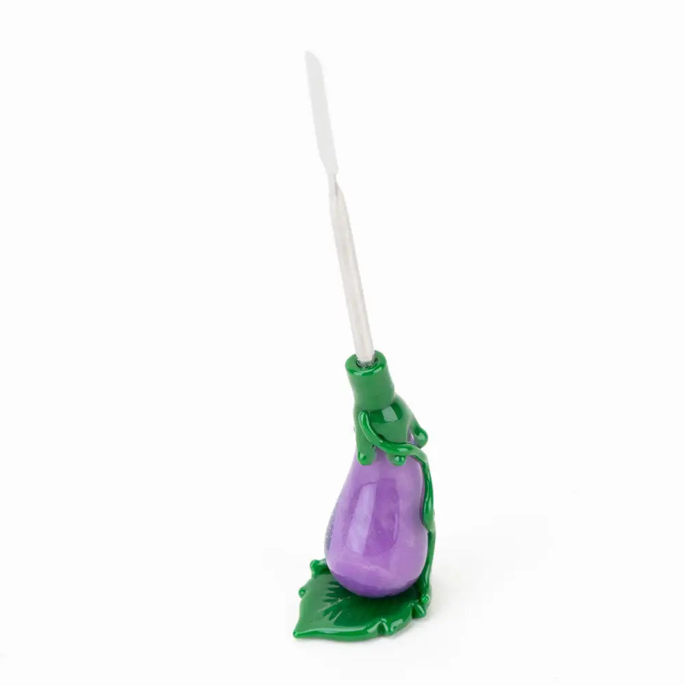 Empire Glassworks eggplant borosilicate glass dab tool with purple dispenser and green stem