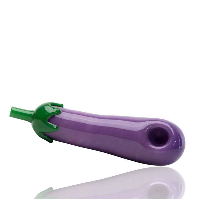Empire Glassworks eggplant glass hand pipe with purple glass and green stem