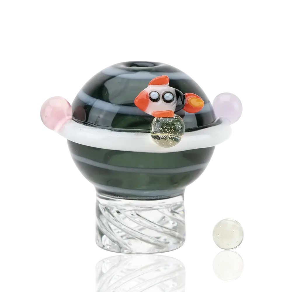 Empire Glassworks Galactic Spinner Carb Cap with striped bowl and orange fish