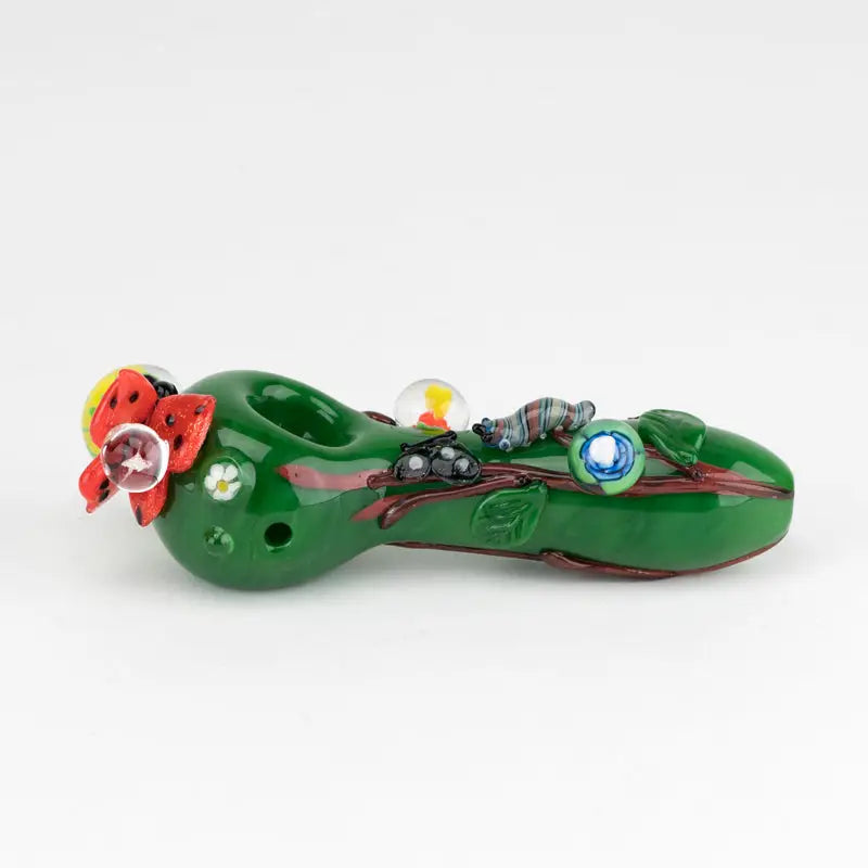Empire Glassworks Garden Critters spoon pipe with green shoe, ladybugs, marbles