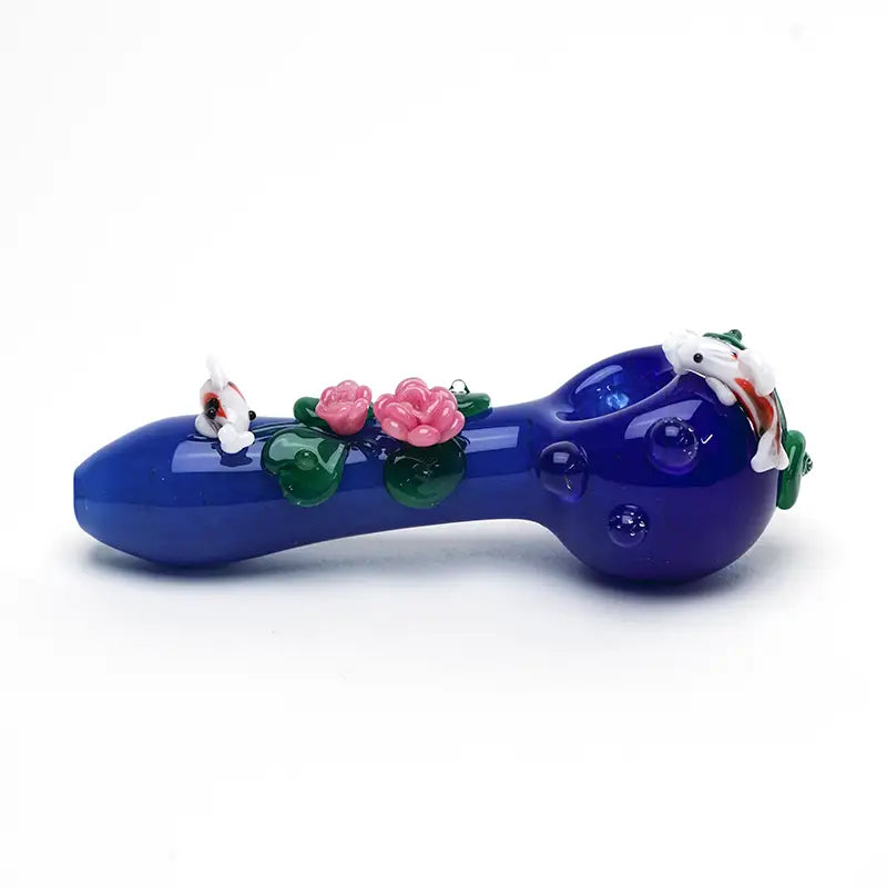 Empire Glassworks koi pond spoon pipe with blue glass, pink roses, green leaves, white koi fish