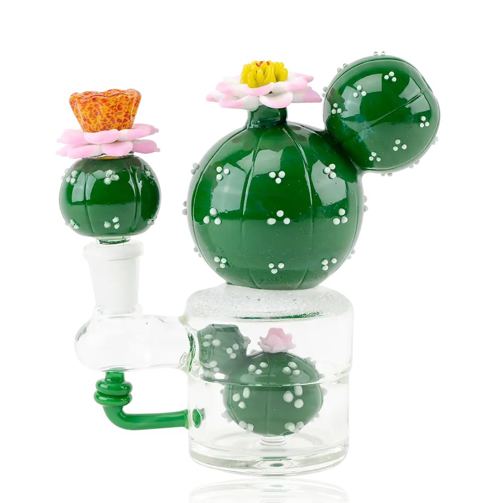 Empire Glassworks mini dab rig with green glass peyote cactus and floral accents