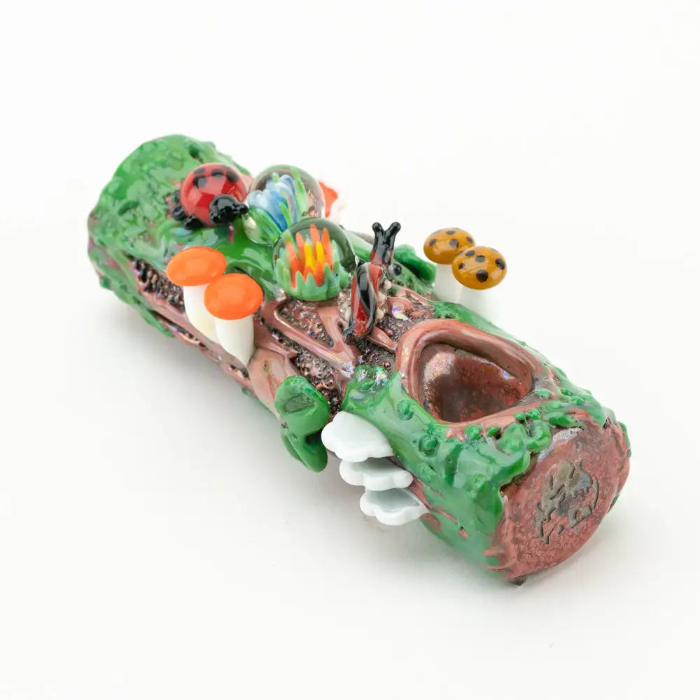 Empire Glassworks mossy log hand pipe with colorful ladybugs and mushrooms