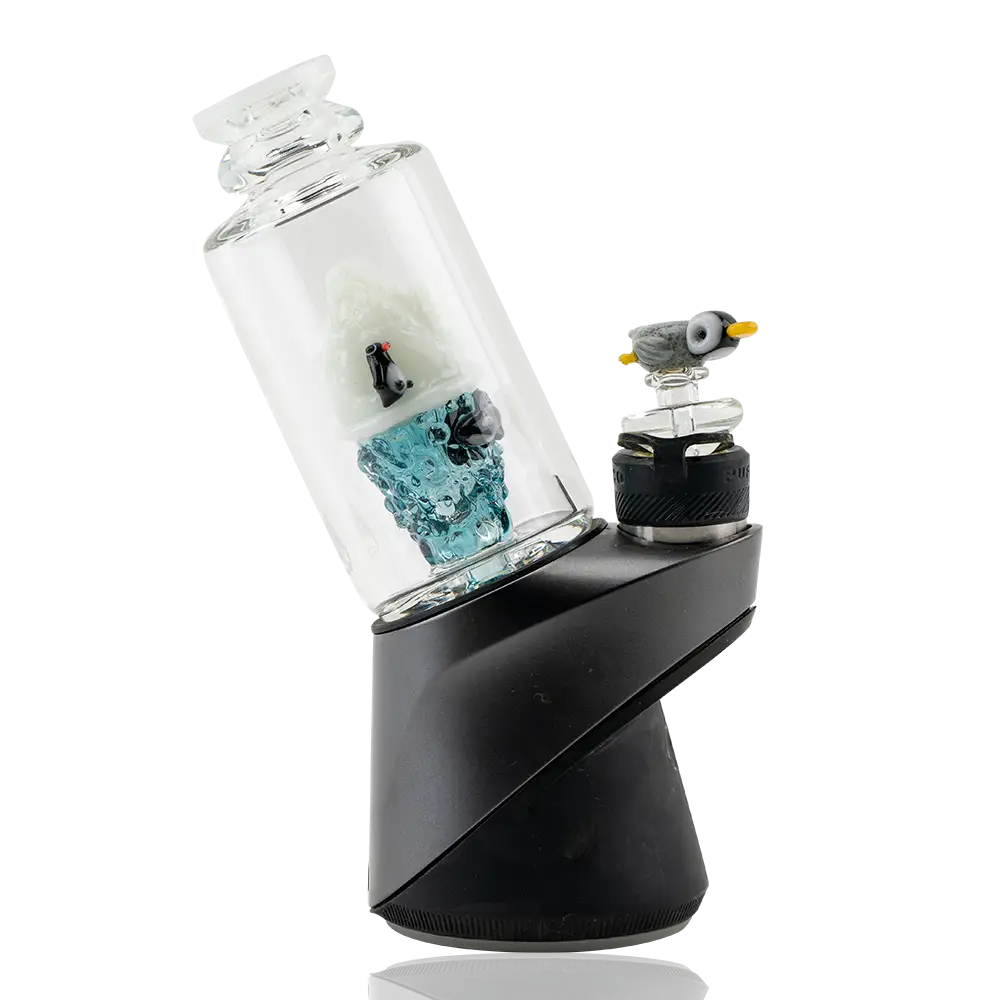 Sleek black Empire Glassworks Peak Attachment with blue resin and penguin topper