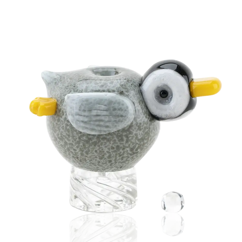 Empire Glassworks Penguin Paulie spinner carb cap with gray glass bird design