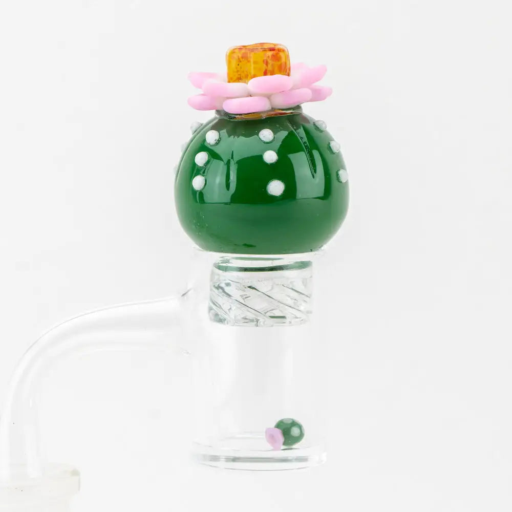 Empire Glassworks Peyote Spinner Cap carb cap with green glass cactus and pink flower