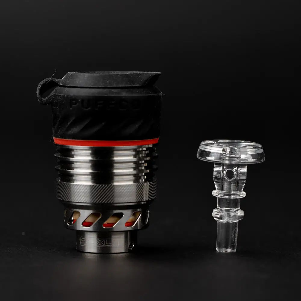 Empire Glassworks Puffco glass joystick cap in black silver with red accents