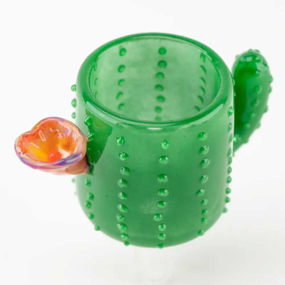 Green cactus glass mug with orange purple flower, Empire Glassworks Puffco Proxy Attachment