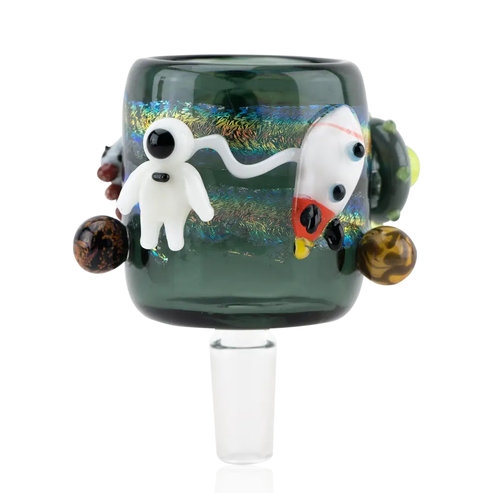 Empire Glassworks Puffco Proxy Attachment: Galactic green bong bowl with astronaut and rocket