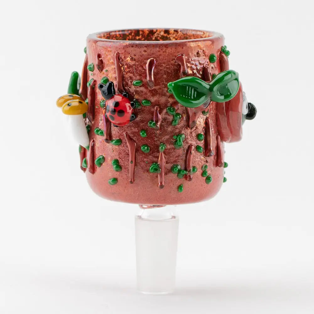Empire Glassworks Puffco Proxy Attachment Hootie 14mm male bong bowl with copper glass, green leaf and ladybug design