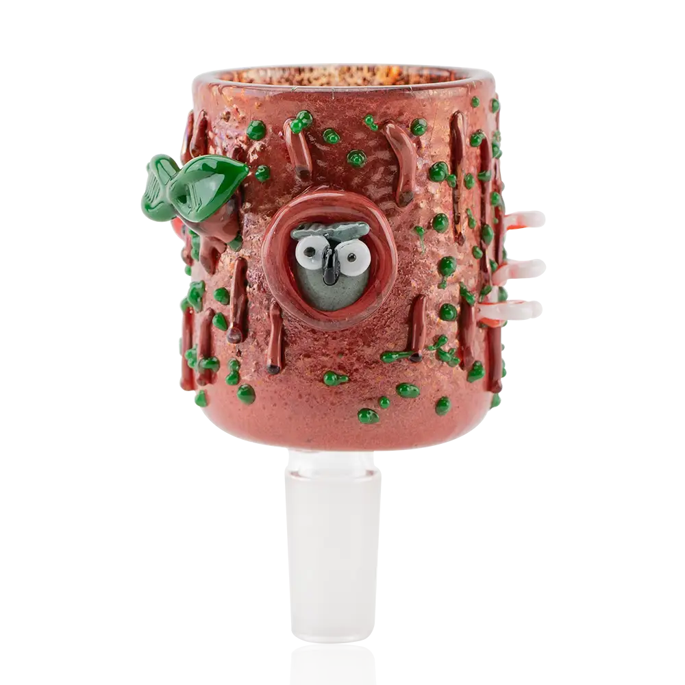 Whimsical Empire Glassworks Puffco Proxy Attachment Hootie 14mm male bong bowl with tree trunk design and owl face