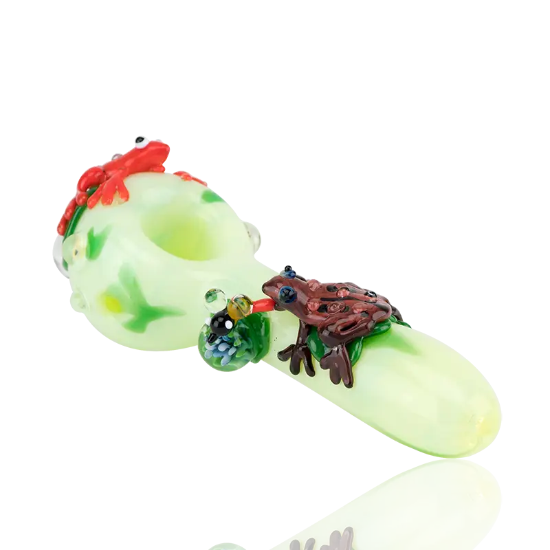 Empire Glassworks Ribbit glass spoon pipe with translucent lime-green design and three detailed frog figures