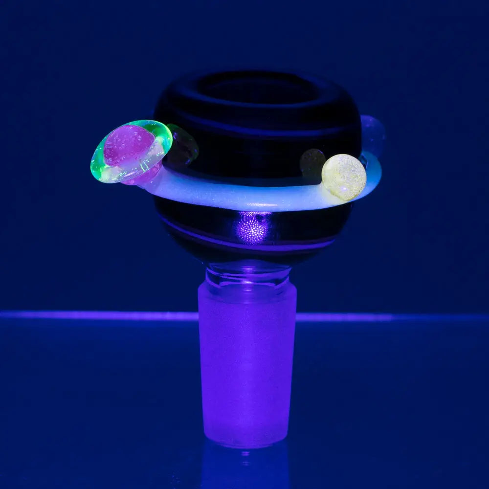 Empire Glassworks Rocket Ship Kit water pipe with black glass bong, purple glowing base, and colorful planet spheres