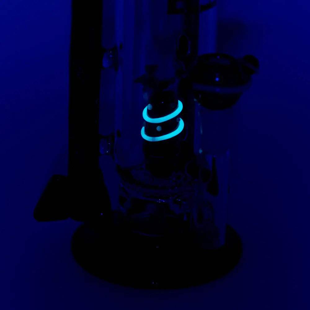 Empire Glassworks rocket ship kit water pipe with glowing blue neon ring on clear glass bong
