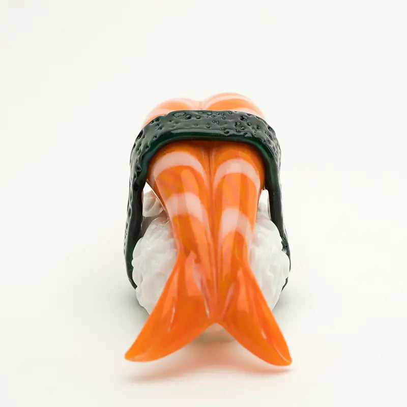 Empire Glassworks shrimp nigiri hand pipe with orange fish sushi figurine