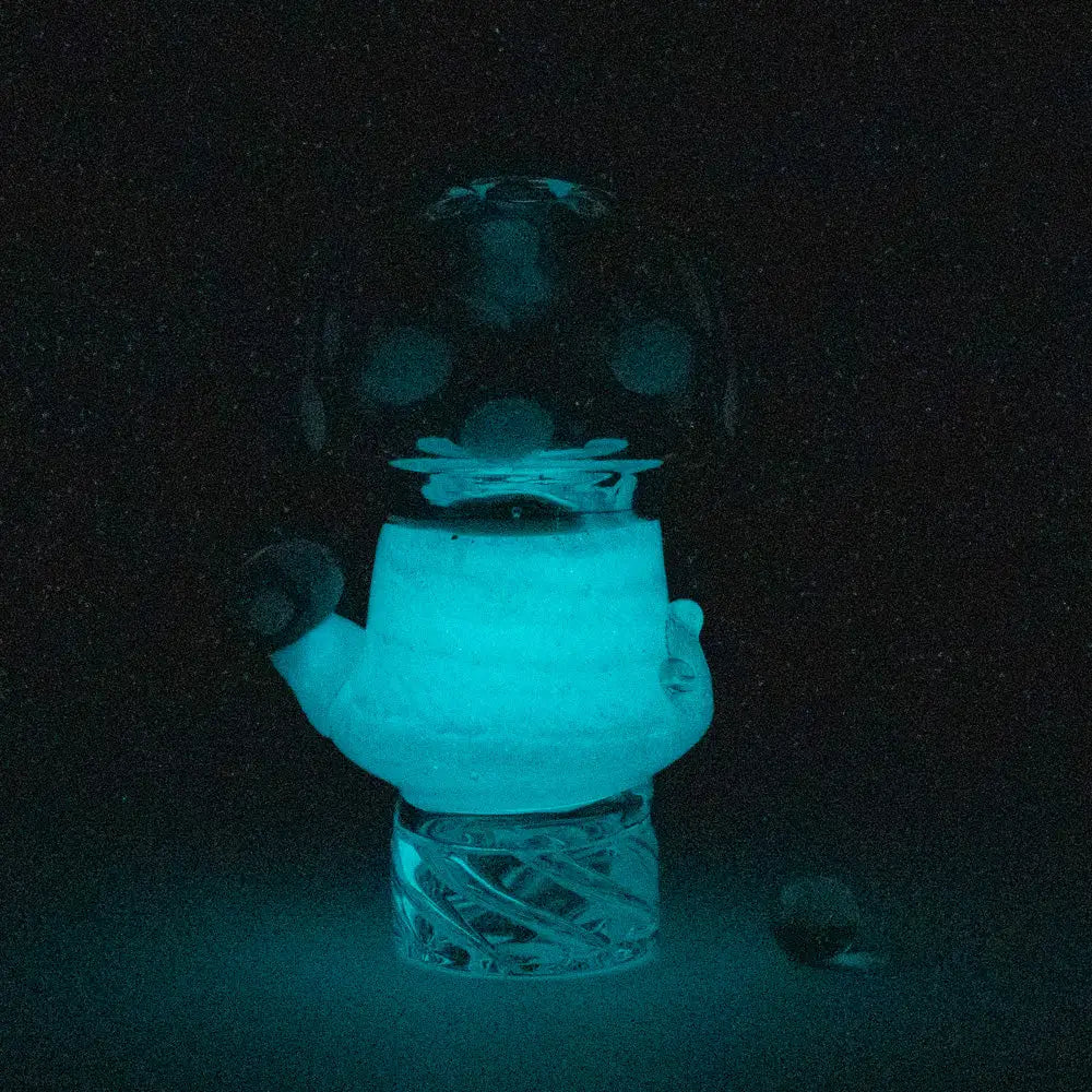 Glowing turquoise Empire Glassworks spinner cap carb cap teapot with patterned lid