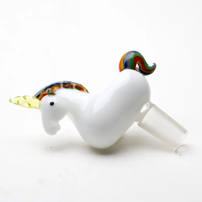 Empire Glassworks UV reactive glass bowl piece: white unicorn with rainbow horn, mane, tail smoking pipe