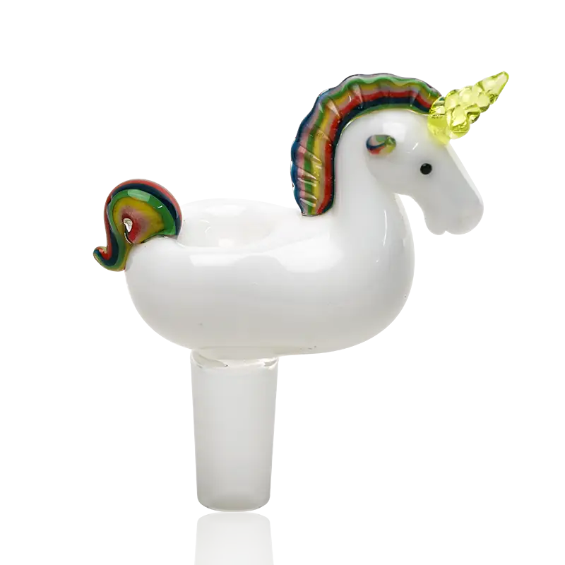 Empire Glassworks UV reactive glass bowl piece: white unicorn with rainbow mane, golden horn, black eyes