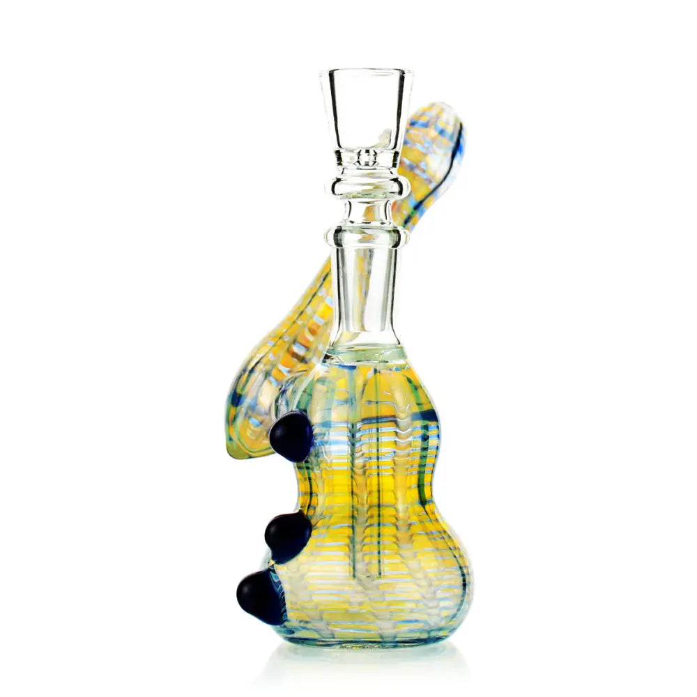 Yellow and blue glass water pipe from Smokerolla Ships with hemp wraps and Lion Rolling Circus