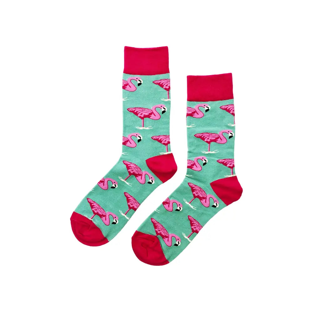 Mint green flamingo socks with pink patterns and red trim for a stylish fit