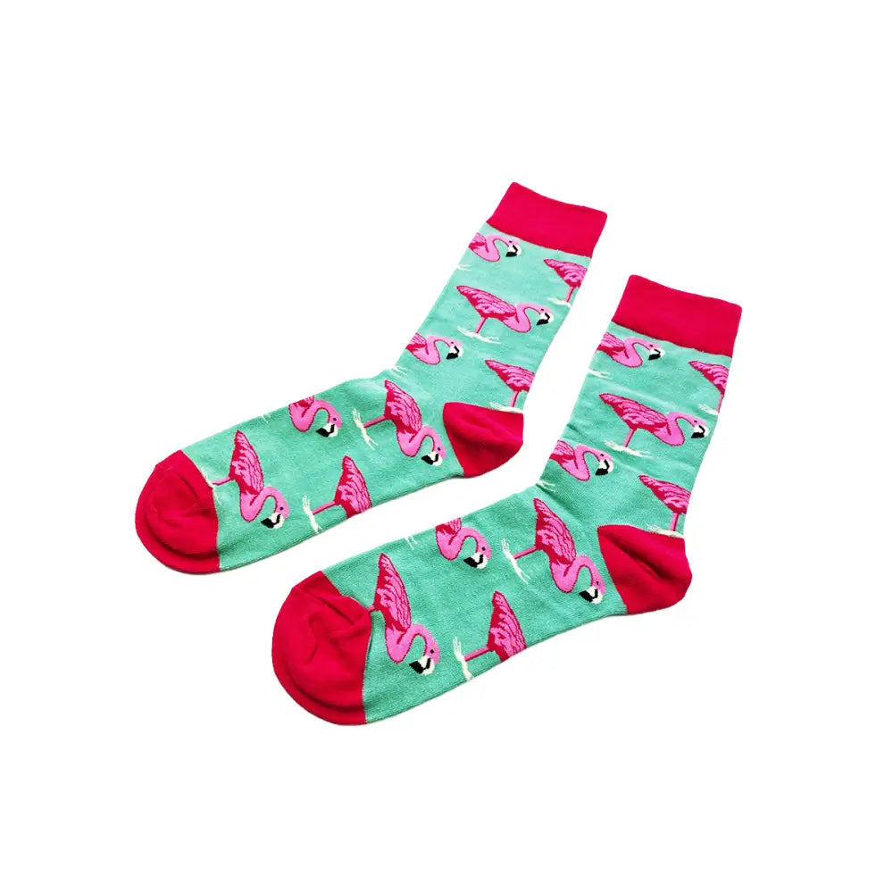 Mint green flamingo socks with pink patterns and red trim, perfect fit for comfort
